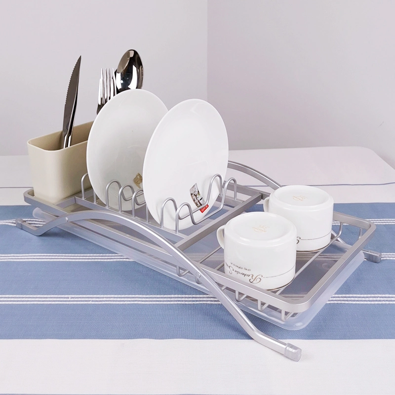 Factory Price Kitchen Sink Organizer Aluminum Dish Drying Rack with Plastic Utensil Holder