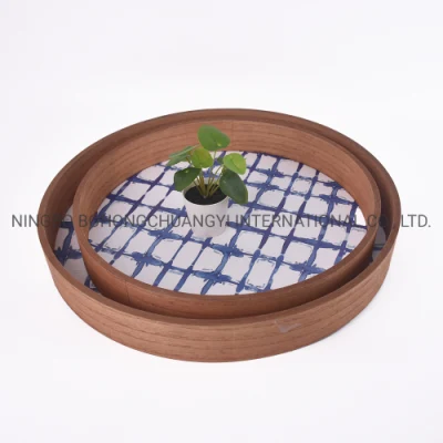 Utensílios de mesa de madeira redondos quadrados servindo bandejas de café com alça conjunto de 2 bandejas de suporte de madeira