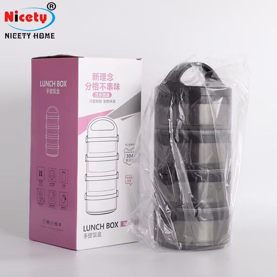 Novo design de plástico, aço inoxidável, redondo, multicamada, portátil, preservação de calor, lancheira, armazenamento de alimentos ao ar livre