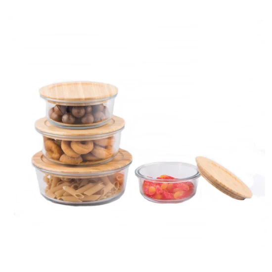Caixa de vidro redonda para preservação de alimentos / Recipiente para alimentos / Lancheira com tampa de bambu